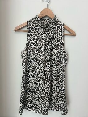 Ann Taylor Sleeveless Mock Neck Leopard Print Blouse - Black & White